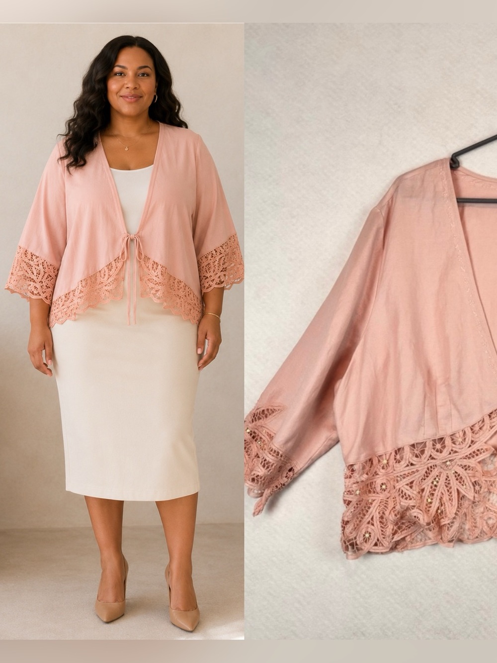 Lane Bryant Blush Pink Boho Lace Trim Tie Front Kimono Cardigan Top 22/24 NWT